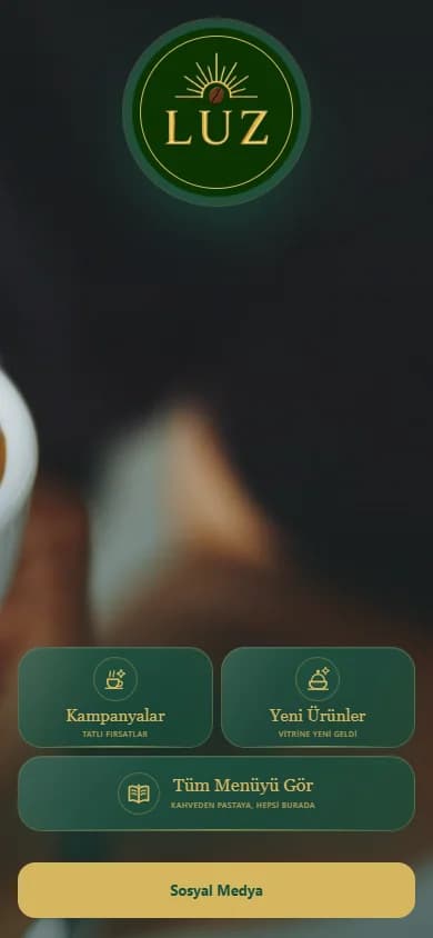 Luz Coffee gerçek menü ana sayfası